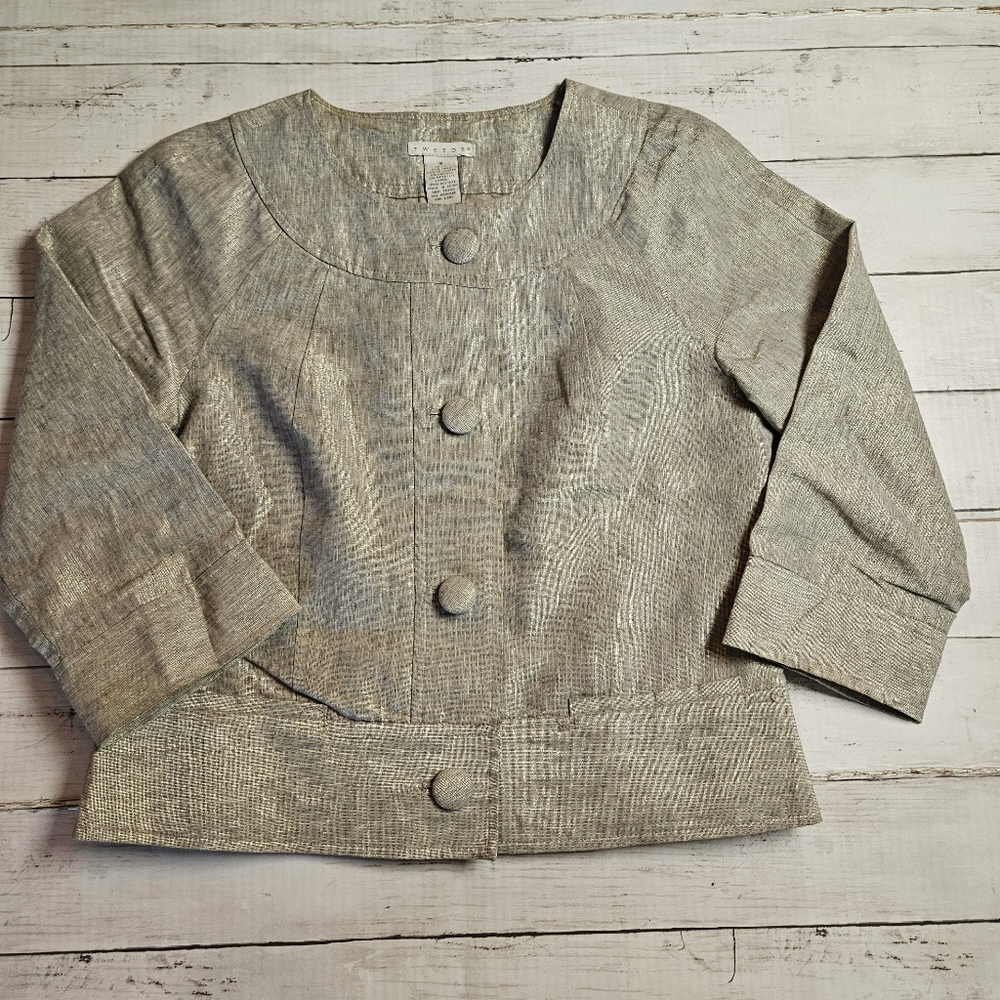 Vintage Tweeds Women's Size 6 Gold Metallic Button Up Blazer Jacket Linen